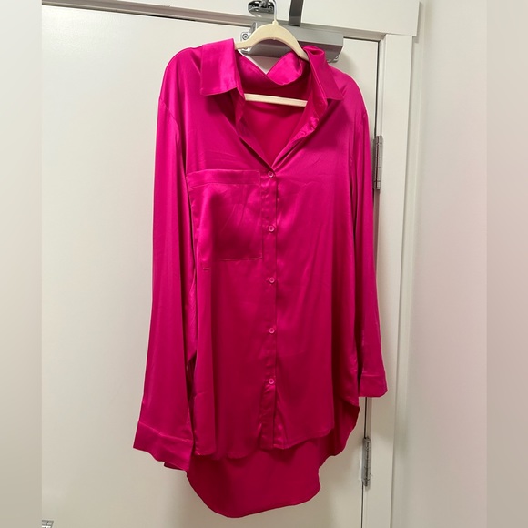 HOT PINK SATIN SHIRT DRESS - Picture 5 of 5